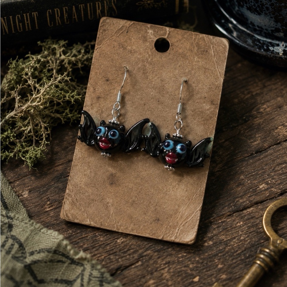 Artisan Lampwork Glass Bat Earrings Halloween Goth Cute Spooky Jewelry